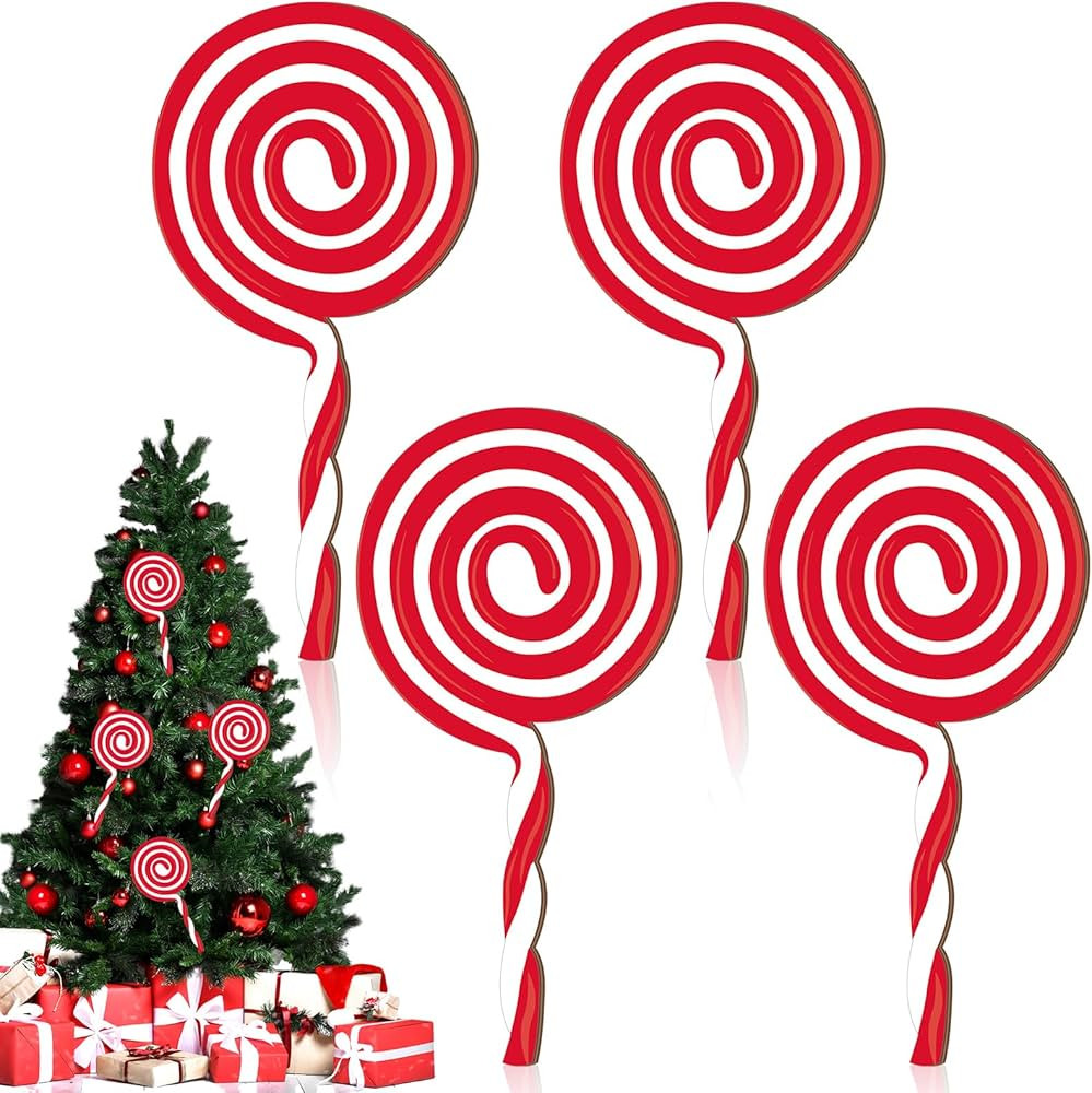 Soaoo 4 Pcs 12 Inch Christmas Wood Candy Ornaments Large Lollipop Candy Ornaments Xmas Tree Candy... | Amazon (US)