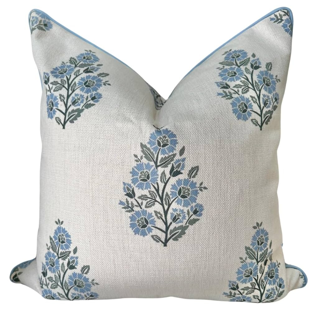 “The Camille” Floral Block Print Pillow Cover – Soft Blue and Off-White Decorative Throw Pi... | Amazon (US)