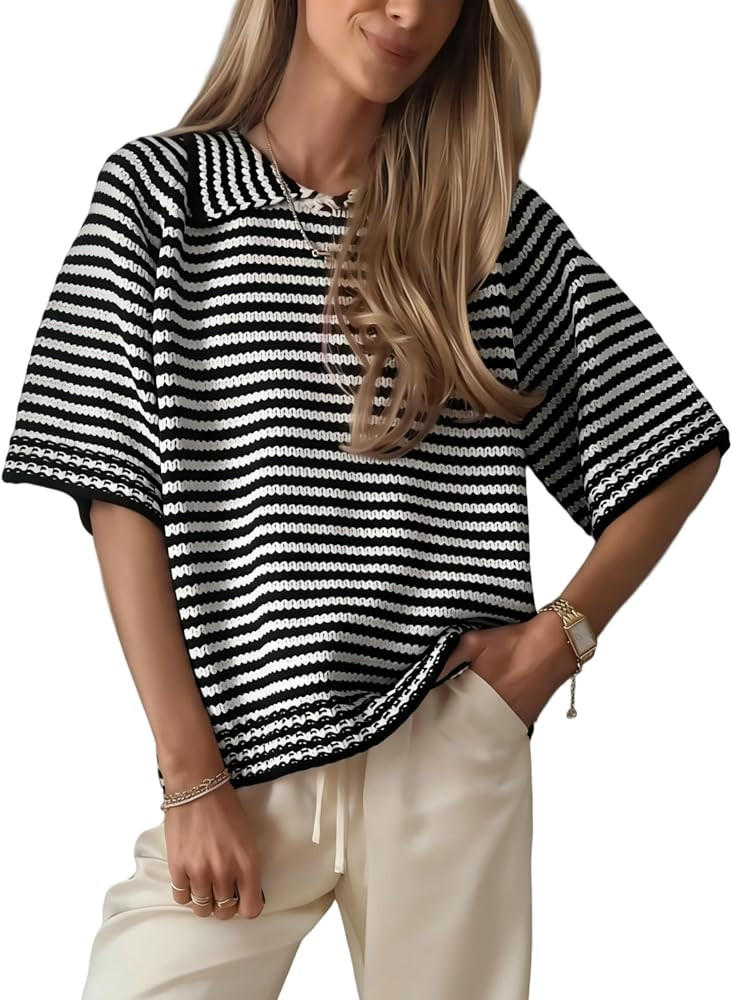 Yeokou Women's Oversized Striped Sweater Turn-Down Collar Short Sleeve Wave Texture Soft Casual D... | Amazon (US)