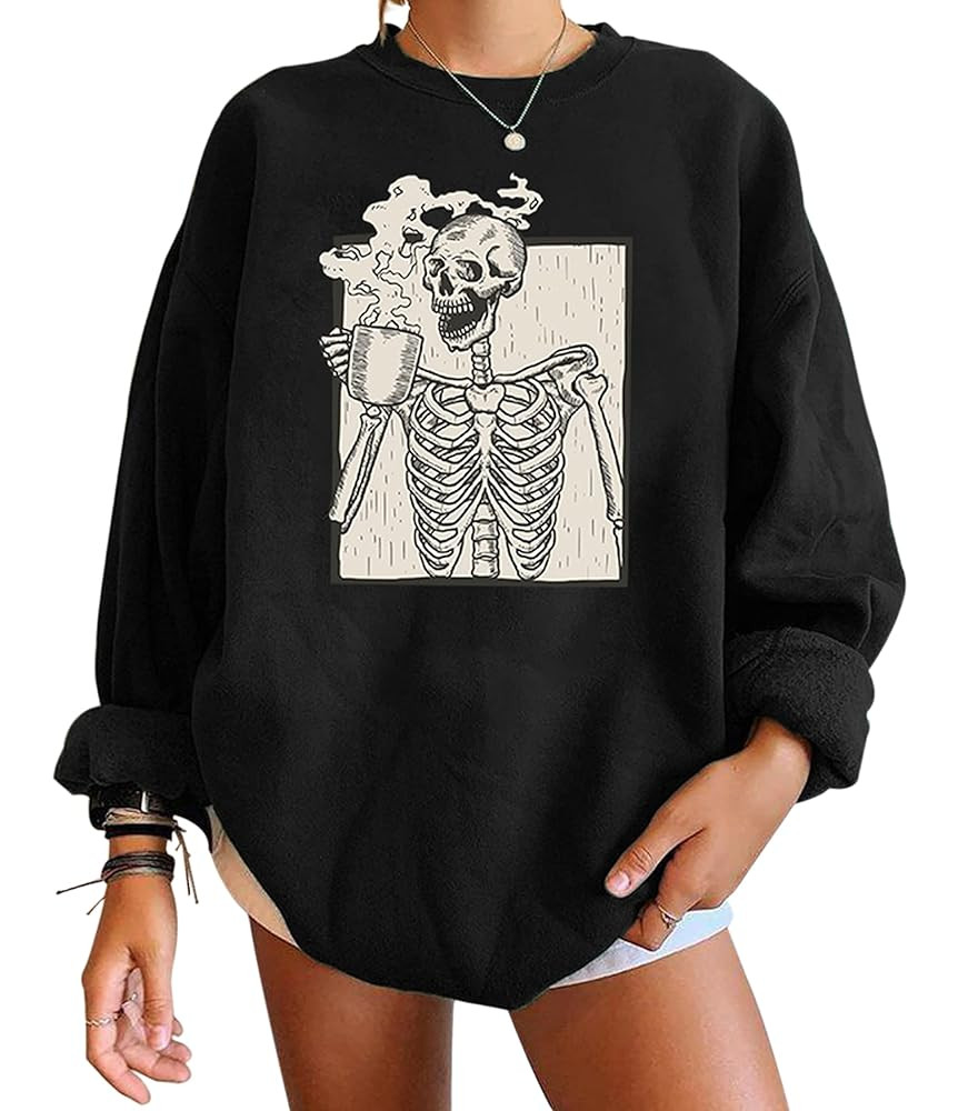 Meladyan Halloween Skull Graphic Print Fleece Oversized Sweatshirt Crewneck Long Sleeve Drop Shou... | Amazon (US)
