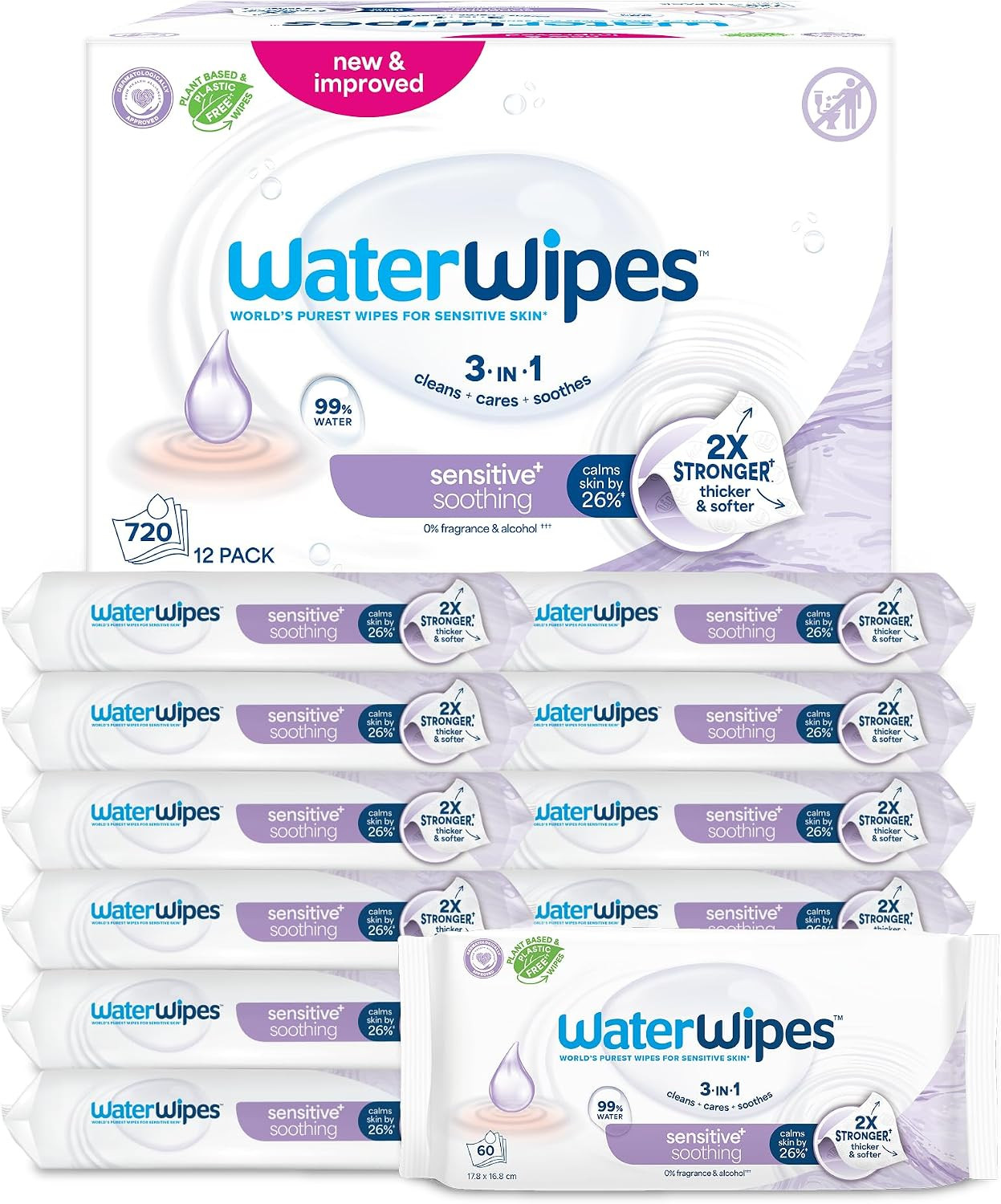 WaterWipes Sensitive+ Soothing Wipes, 99% Water, Unscented, 12 Pack | Amazon (UK)