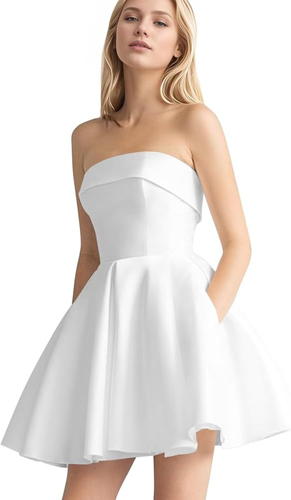 Leeskoot Satin Homecoming Dresses for Teens 2025 Strapless Short Prom Dress A Line Formal Cocktai... | Amazon (US)