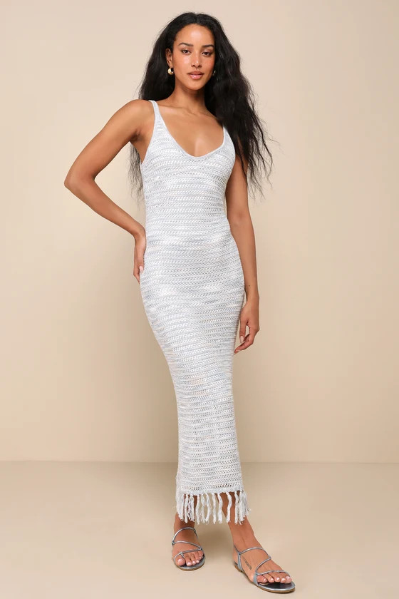 Summery Daydreams Blue Multi Space Dye Crochet Fringe Midi Dress | Lulus