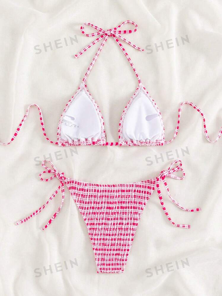 Smocked Halter Triangle Tie Side Bikini Set For Summer Beach | SHEIN
