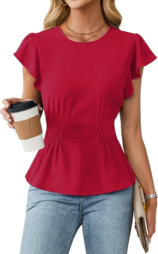Blooming Jelly Women's Dressy Casual Blouses Business Ruffle Short Sleeve Tops Round Neck Smocked... | Amazon (US)