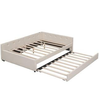 Button-Tufted Beige Wood Frame Full Linen Upholstered Platform Bed with Twin Size Trundle, USB Charging, Bedrail | The Home Depot