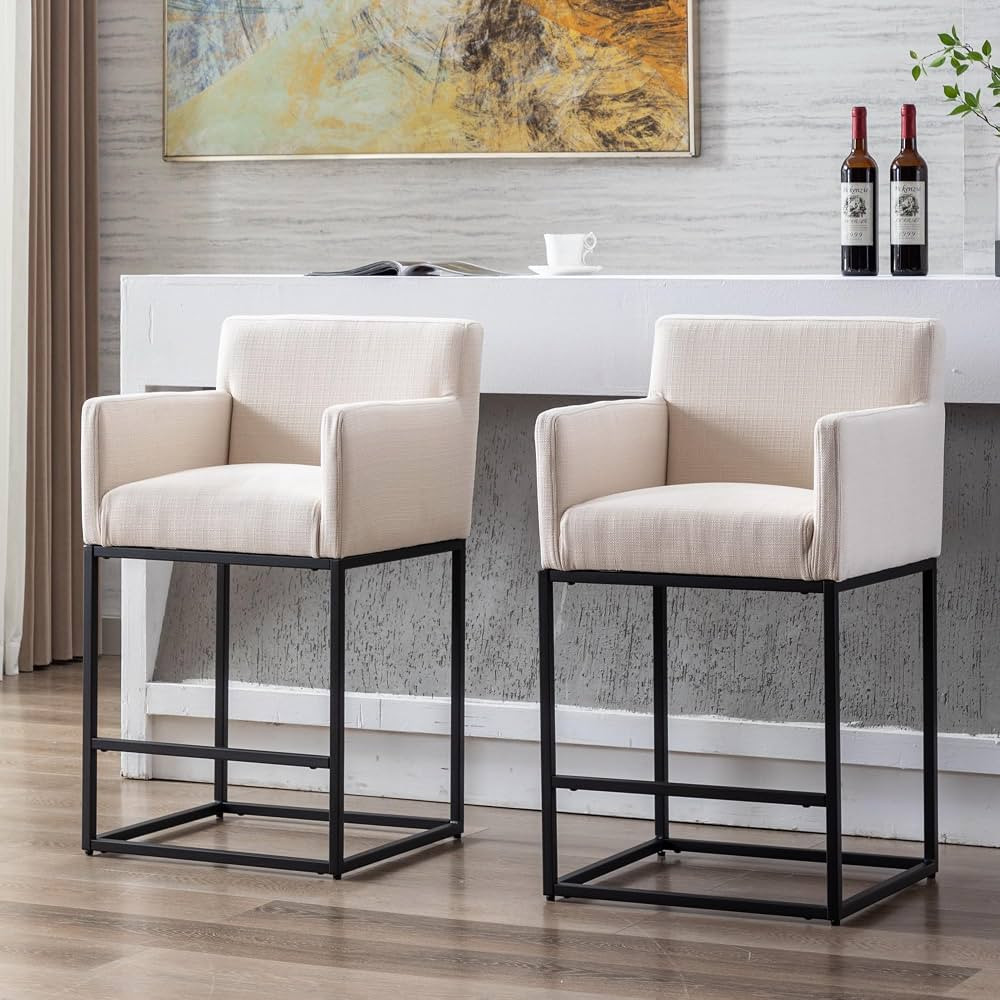 26.75" Counter Height Bar Stools Set of 2 Linen Upholstered Barstools with Arms, Bar Chairs Kitch... | Amazon (US)