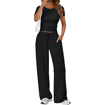 Trendy Queen 2 Piece Matching Summer Sweatsuit Lounge Set Womens Wide Leg Pants Side Ruching Crop... | Amazon (US)