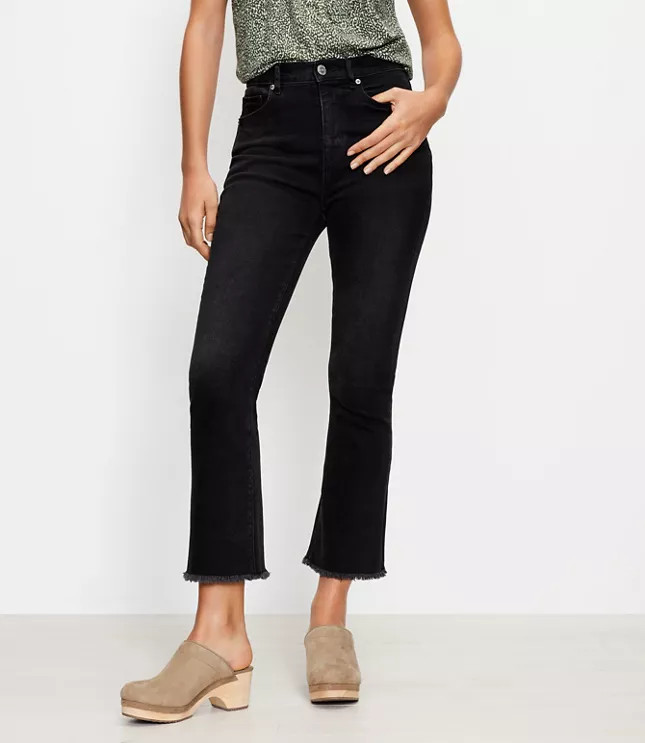 Tall Curvy Frayed High Rise Kick Crop Jeans in Washed Black Wash | LOFT