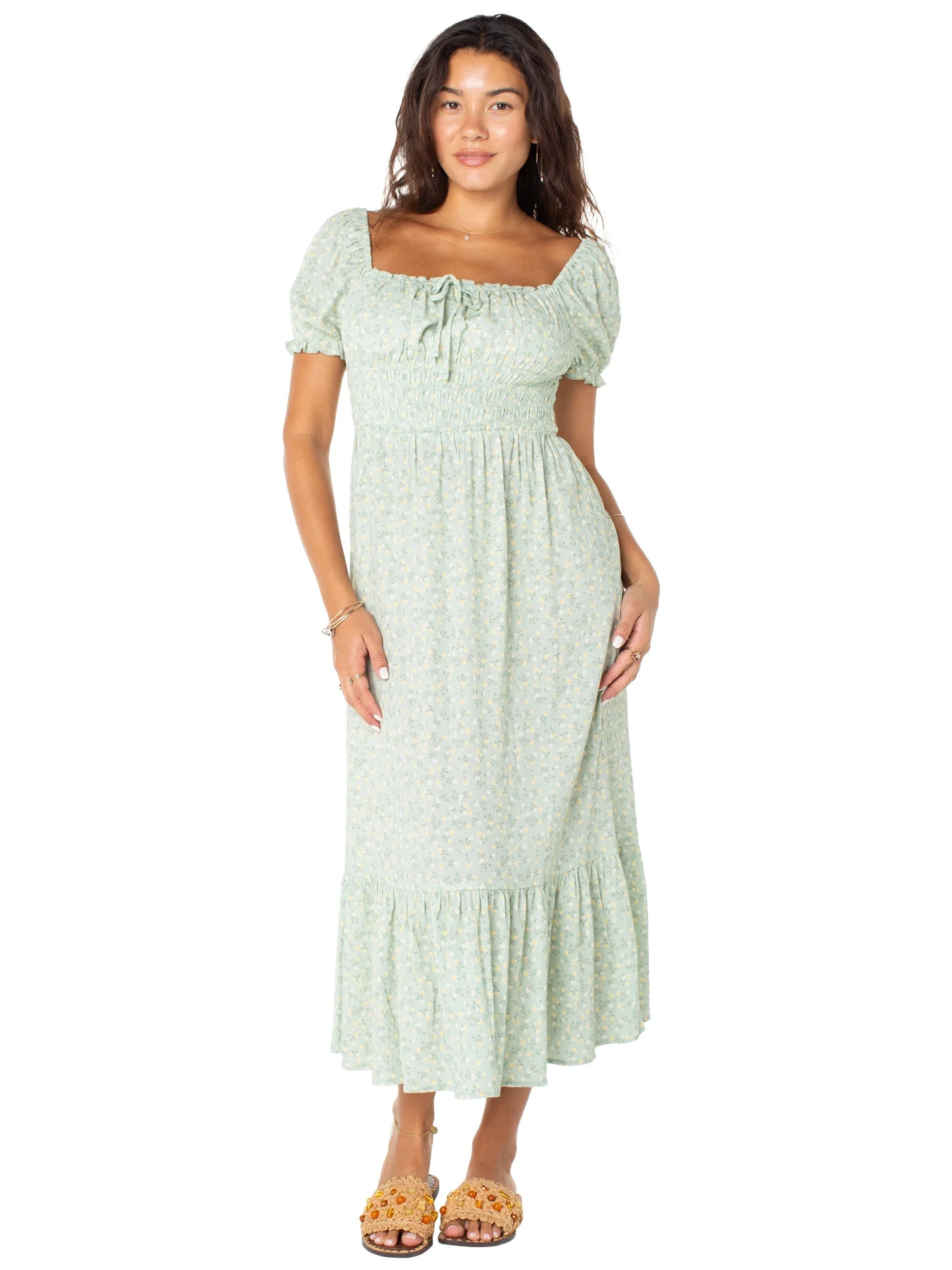 Celebrity Pink Women's and Women's Plus Puff Sleeve Smocked Midi Dress, Sizes XS-XXXL | Walmart (US)