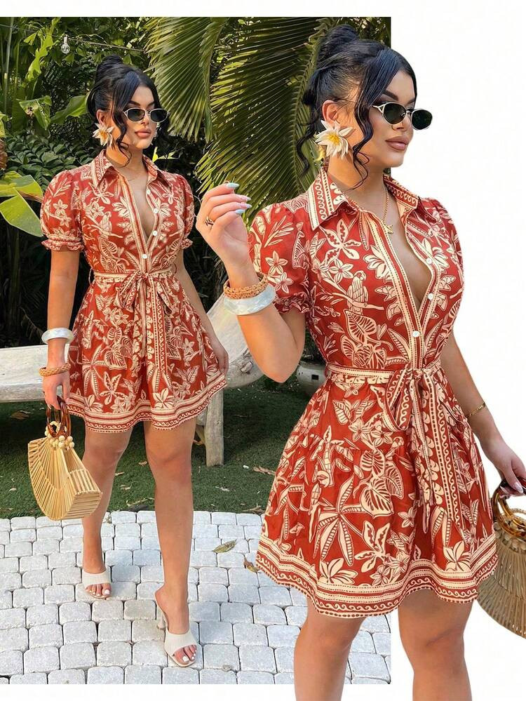SHEIN SXY Women's Rust Brown Floral Print Twist Waist Mini Dress,Summer Boho Holiday Tea Party Ca... | SHEIN