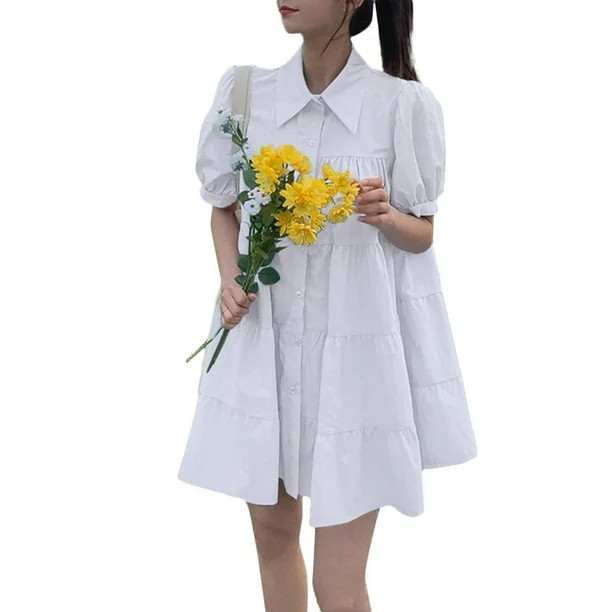 VONDA Women's Holiday Lapel Button Up Shirts Pleated Puff Sleeve Casual Mini Dress | Walmart (US)