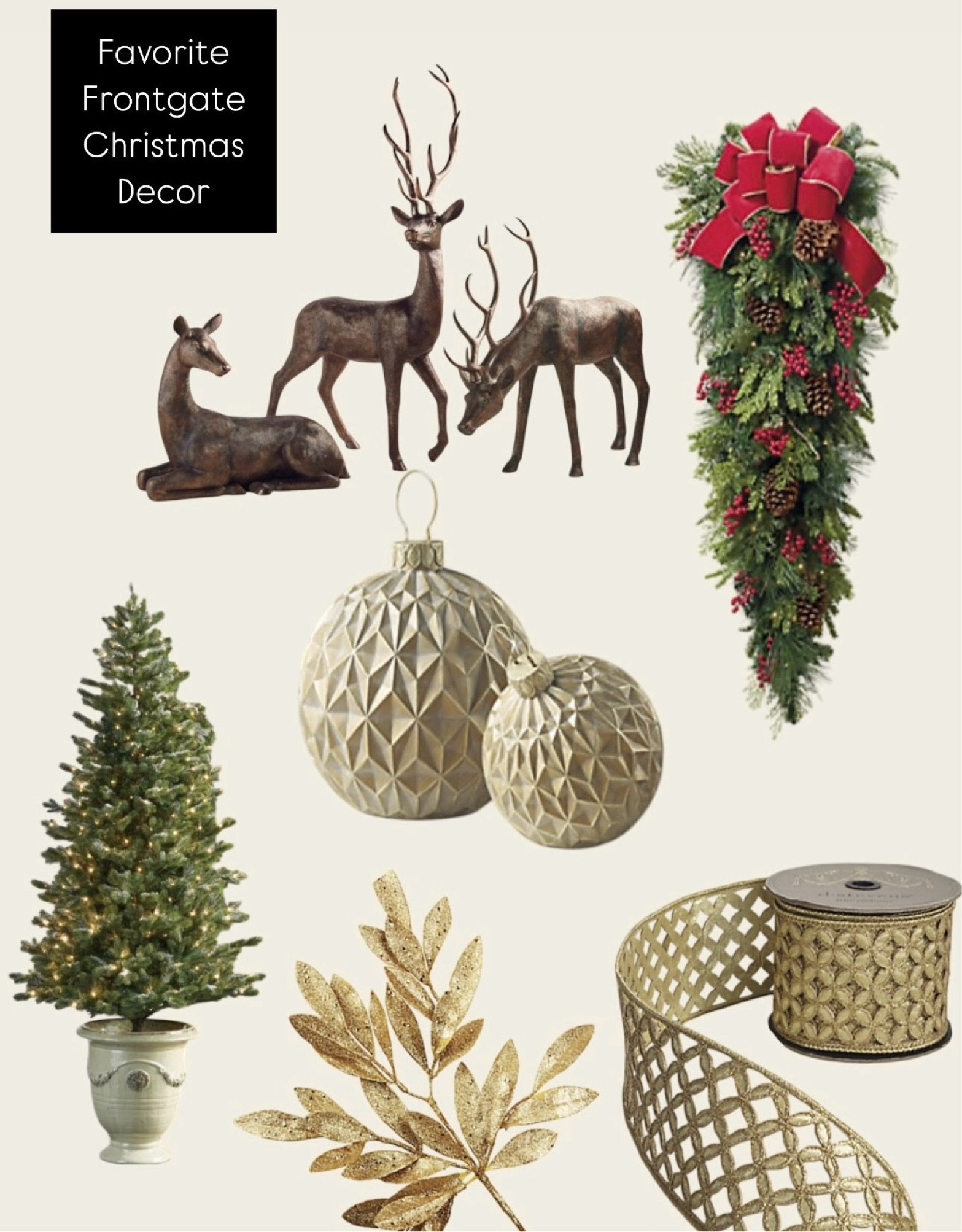 Elegant Christmas Decor Inspiration: A collection of refined holiday accents from Frontgate, featuring antique bronze reindeer sculptures, a lush greenery swag adorned with red ribbons and berries, geometric gold ornaments, a pre-lit Christmas tree in a classic urn, sparkling golden leaf picks, and a luxurious gold lattice ribbon to complete the festive look.

#LTKHome #LTKGiftGuide #LTKHoliday