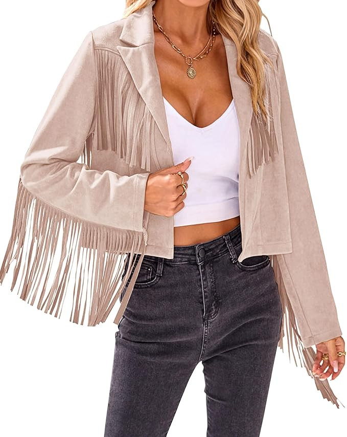 BTFBM Women Fashion Cropped Tassel Fringe Faux Suede Leather Jacket Fall Winter Long Sleeve Lapel... | Amazon (US)
