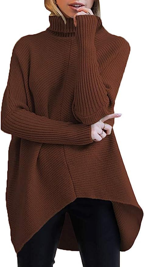 ANRABESS Womens Turtleneck Long Batwing Sleeve Asymmetric Hem Casual Pullover Sweater Knit Tops | Amazon (US)