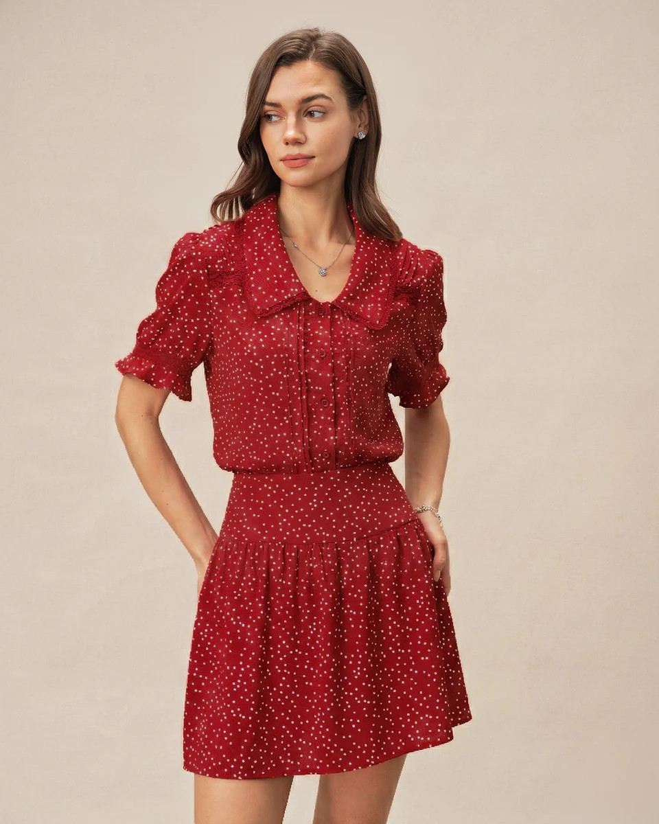 Red Puffed Sleeve Polka Dot Collar Blouse | rihoas.com