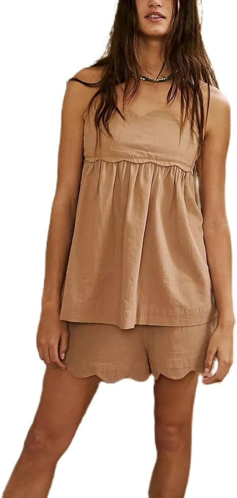 ROAONOCOMO Women 2 Piece Lounge Shorts Set Spaghetti Strap Peplum Cami Top Babydoll Pj Set Casual... | Amazon (US)