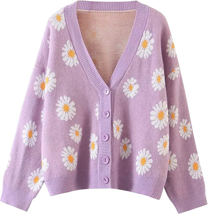 Women Floral Knitted Cardigan Sweater Long Sleeve V Neck Button Down Knitwear Vintage Aesthetic D... | Amazon (US)