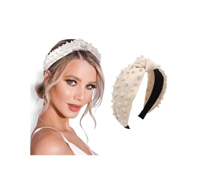 Pearl headband for Women Knot White Fashion Embellished Top Knotted Hairband ladies Twist Bohemia... | Amazon (US)