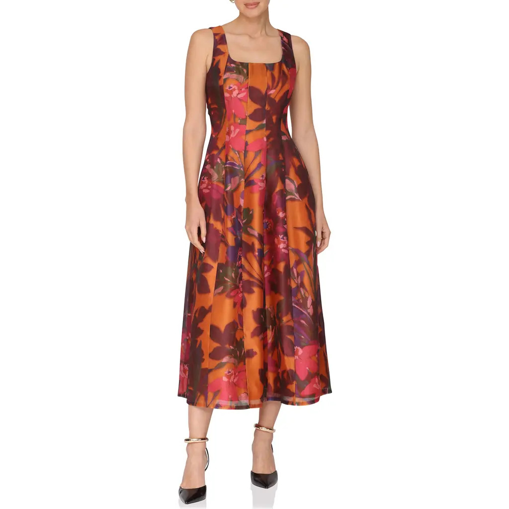 Avec Les Filles Print Sleeveless Lantern Midi Dress in Jardin Paint at Nordstrom, Size 4 | Nordstrom