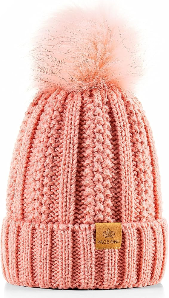 PAGE ONE Womens Winter Thick Cable Knit Beanie Faux Fur Pom Hat Fleece Lined Skull Cap | Amazon (US)