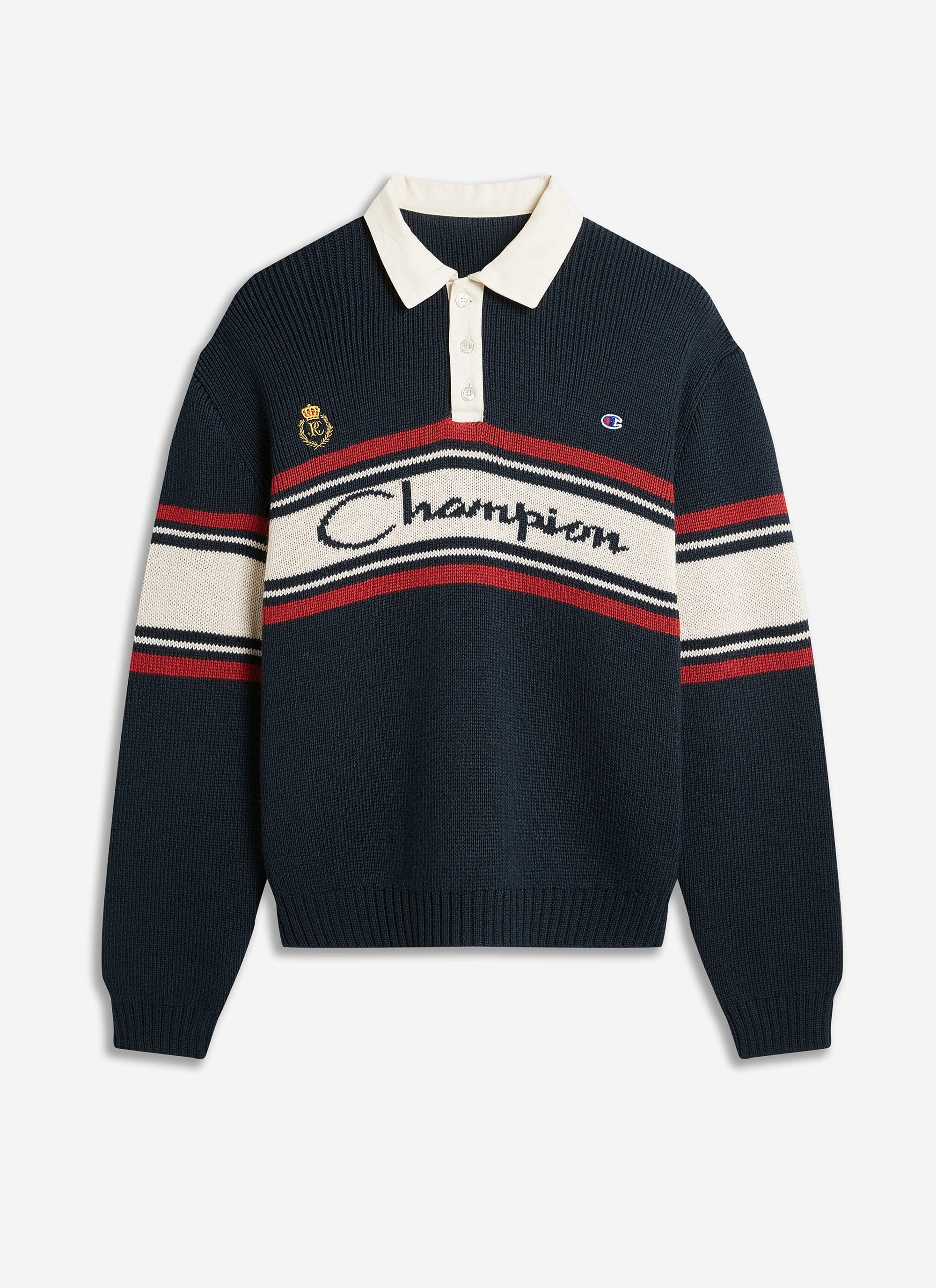 Men's Knitted Rugby Shirt | Wool | Navy | Champion x Percival | Percival Menswear
