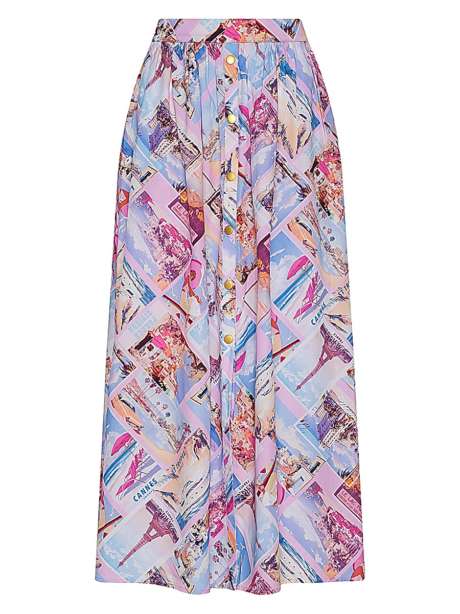 Women's Seina Postage Print Button-Front Midi-Skirt - Light Pink Postcard Print - Size 16 | Saks Fifth Avenue
