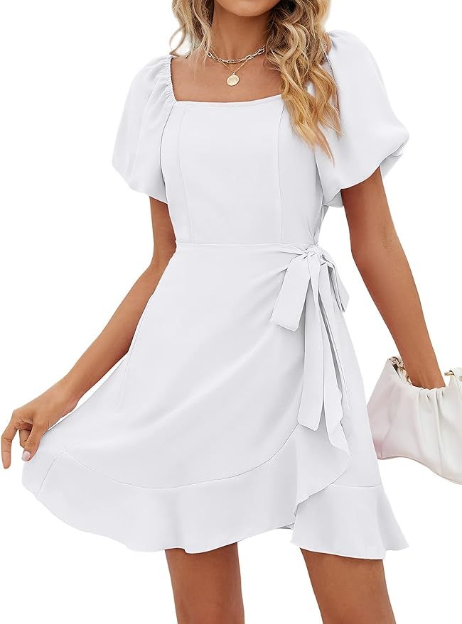 SAMPEEL Womens Square Neck Puff Sleeve Dresses Summer Tie Waist Dress | Amazon (US)