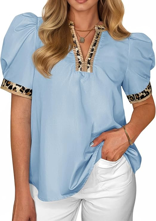 Tankaneo Womens Puff Sleeve Tops Summer Leopard V Neck Color Block Blouse Dressy Casual Loose Fit... | Amazon (US)