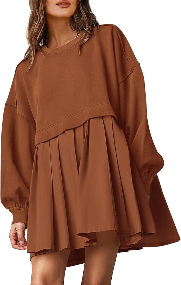 PRETTYGARDEN Women's Casual Sweatshirt Dress Long Sleeve Patchwork Pullover Tops Pleated Mini Dre... | Amazon (US)