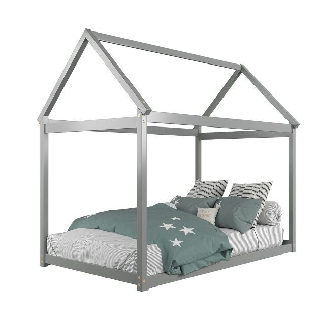 Costway Twin House Bed Wood Frame w/ Roof for Kids Toddler No Box Spring White\Grey | Target