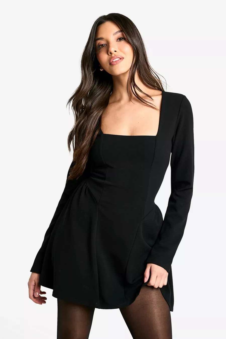 Long Sleeve Square Neck Full Skirt Mini Dress | Boohoo.com (UK & IE)