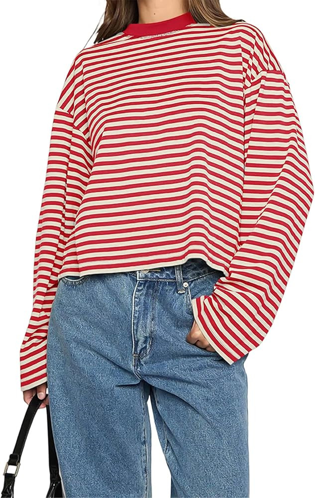 IWD Womens Striped Long Sleeve Shirts Y2k Oversized Drop Shoulder Sweatshirt Crewneck Color Block... | Amazon (US)