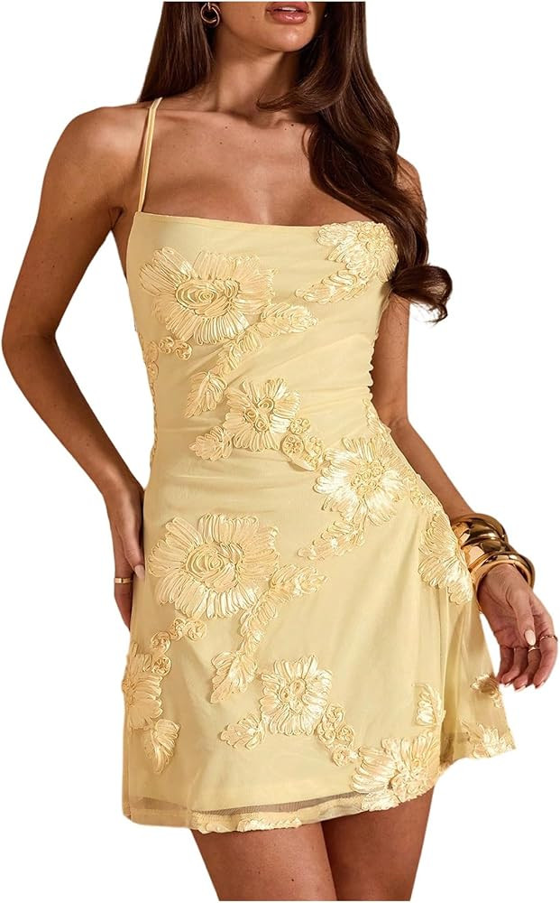 Verdusa Women's 3D Floral Wedding Guest Dresses Lace Up Backless Mini Cami Dress Graduation Conce... | Amazon (US)