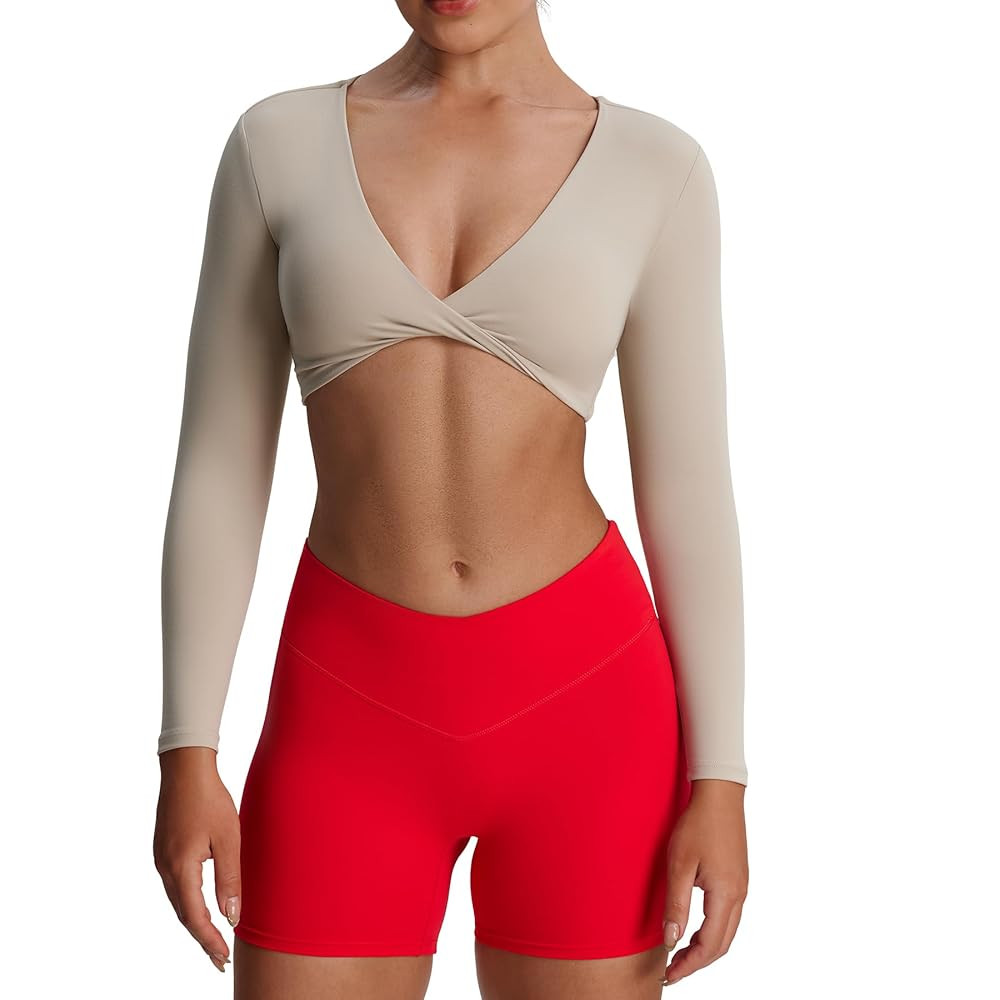 Aoxjox Long Sleeve Crop Tops for Women Sienna Twist Deep V Workout Cropped T Shirt Top | Amazon (US)