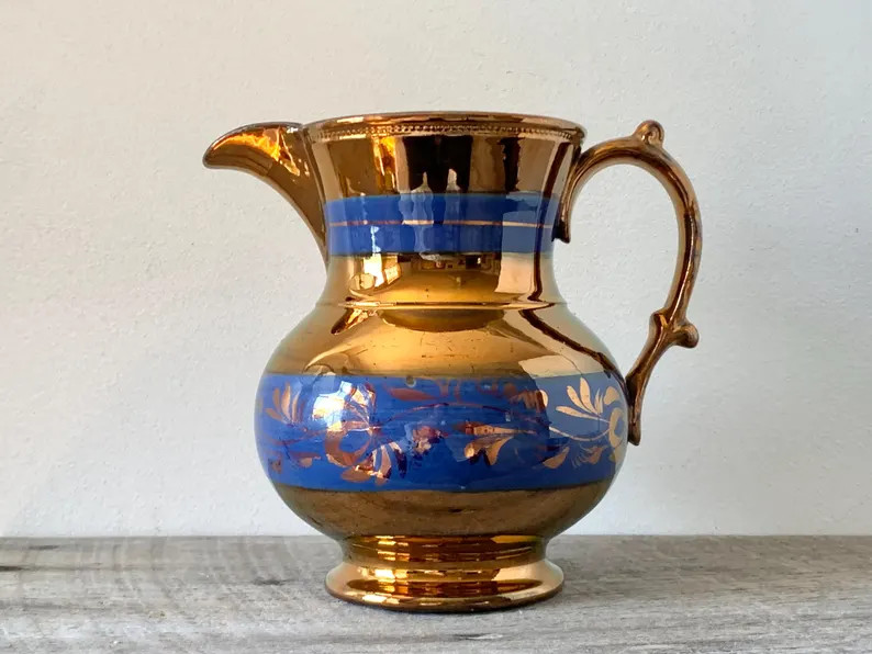 Large English Copper Luster Pitcher With Blue Bands | Etsy (US)