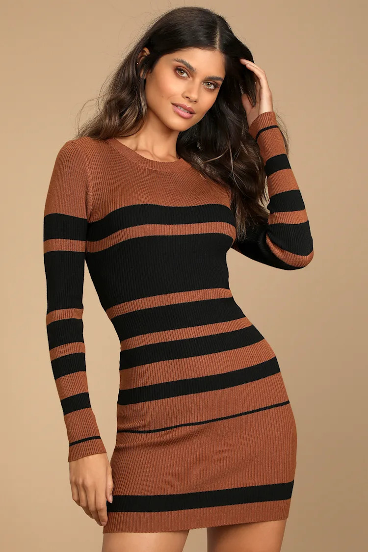 Thankful for You Brown and Black Striped Sweater Dress | Lulus (US)