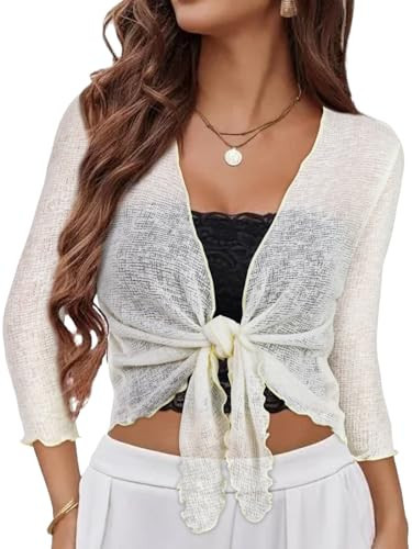Women Crop Cardigan Sheer Mesh Bolero Shrug for Dress Tie Front 3/4 Sleeve Tops (Off White,M) | Amazon (US)