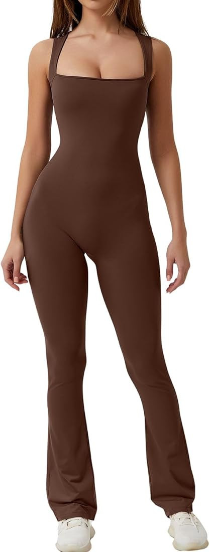 QINSEN Black Jumpsuit for Women Sleeveless Sexy Suqare Neck Stretch Flare Leggings Romper Unitard | Amazon (US)