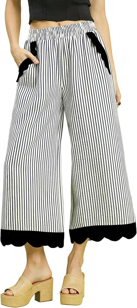 Faleave Women's Striped Wide Leg Cropped Pants Elastic Waist Scalloped Hem Casual Trousers with P... | Amazon (US)