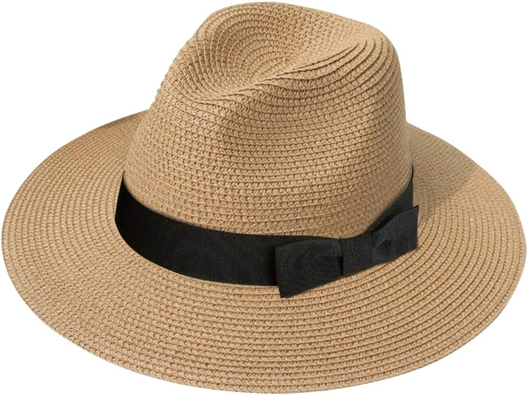 Lanzom Women Wide Brim Straw Panama Roll up Hat Fedora Beach Sun Hat UPF50+ | Amazon (US)