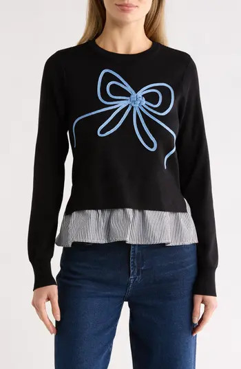Nanette Lepore Soutache Bow Twofer Sweater in Very Black/Blue at Nordstrom Rack, Size Small | Nordstrom Rack
