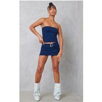 Navy Buckle Belt Detail Low Rise Rib Micro Mini Skirt | PrettyLittleThing US