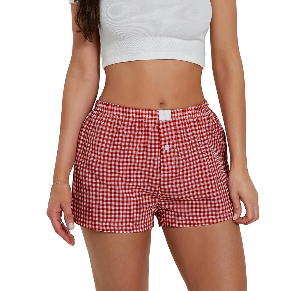 Y2K Boxer Shorts for Womens Low Waist Plaid Lounge Shorts Elastic Cute Gingham Pajamas Bottoms | Amazon (US)