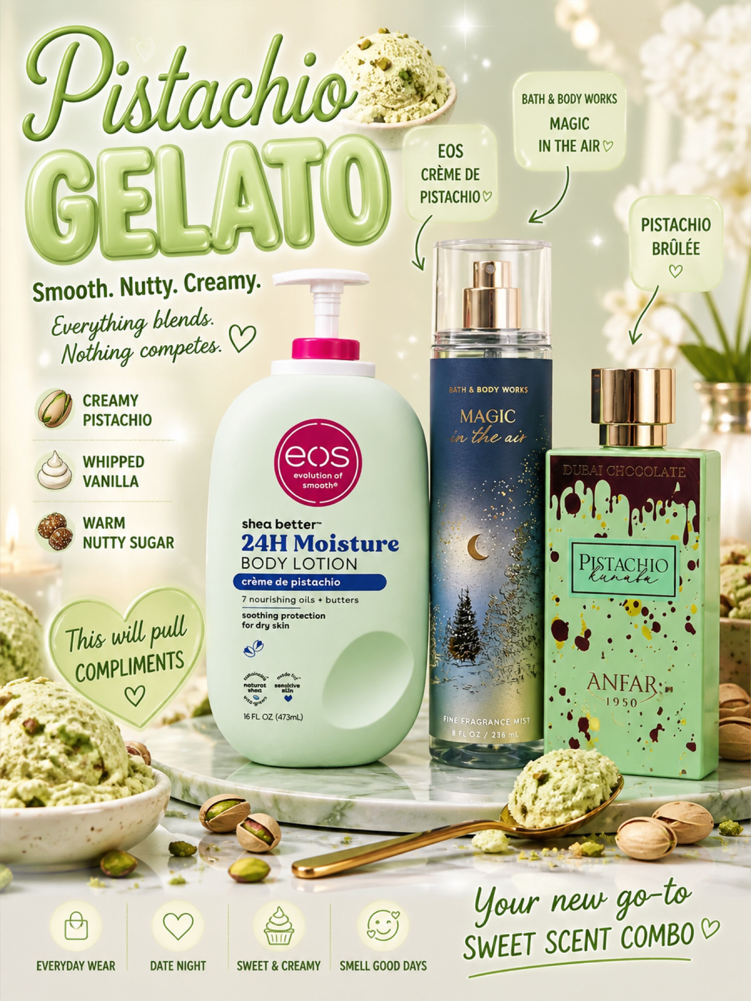 Pistachio Gelato 🍨💚 my go-to creamy scent combo

Soft, nutty, and perfectly blended—this layering combo gives that warm, feminine scent that lasts all day ✨

Shop the combo (or similar finds) linked 💕