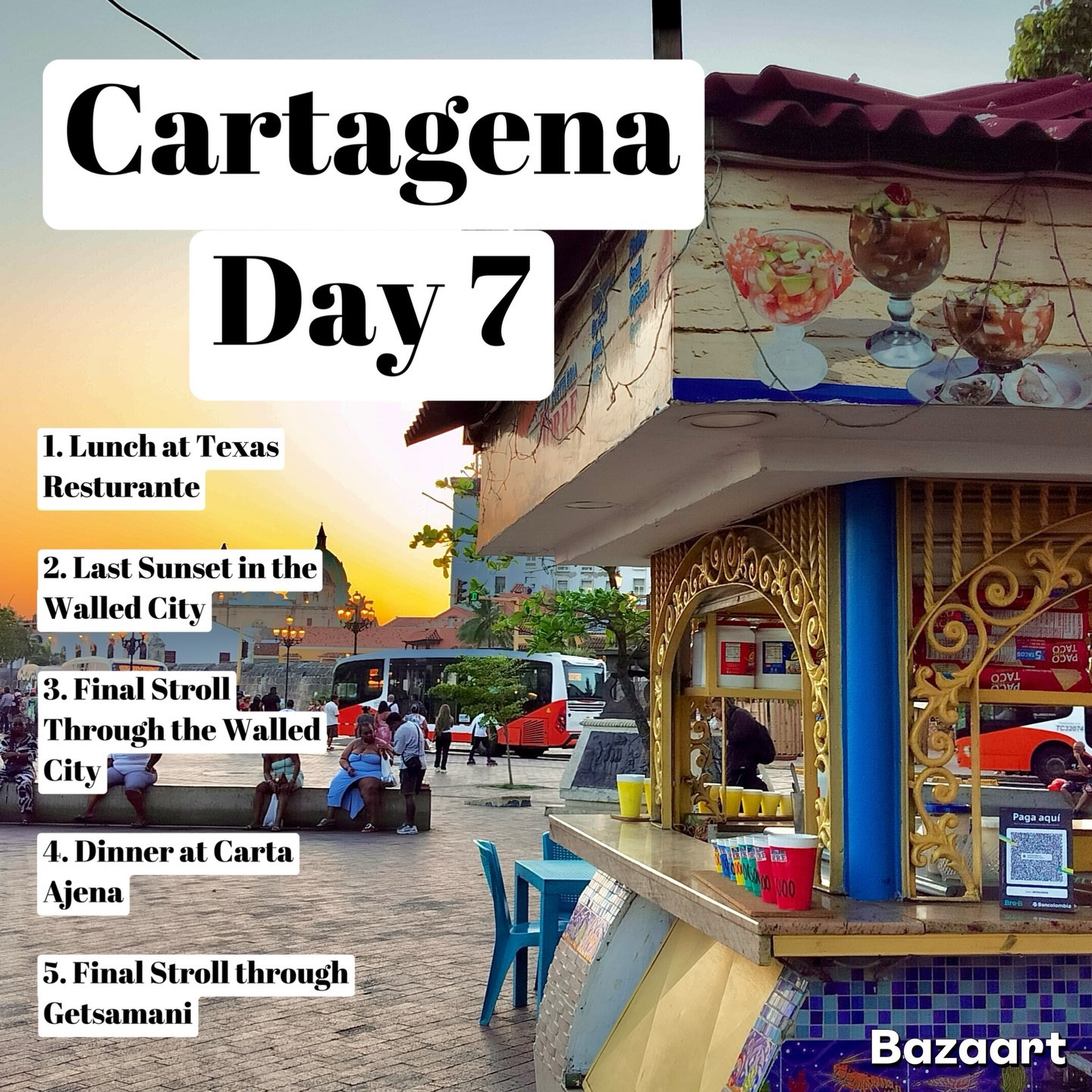 Cartagena, Day 7.

Our last day started slow with lunch at Texas Restaurante, one more long meal before saying goodbye to the city. Afterward we walked back into the Walled City to catch one final sunset — the kind that makes the old stone walls glow and the whole sky turn gold.

We took our time wandering the streets again, knowing it was the last stroll through the plazas and colorful corners that had become so familiar over the week.

Dinner at Carta Ajena was the perfect final meal, and we ended the night back in Getsemaní, soaking up the music, the murals, and the energy of the neighborhood one last time.

Cartagena gave us seven unforgettable days — history, color, music, ocean, and the kind of magic that lingers long after you leave.

#Cartagena #CartagenaColombia #Getsemani #WalledCityCartagena #JetSetLatAM TravelDiaries CaribbeanTravel