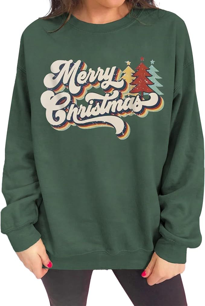 IZYJOY Vintage Merry Christmas Sweatshirts Women Xmas Tree Graphic Oversized Sweater Funny Crewne... | Amazon (US)