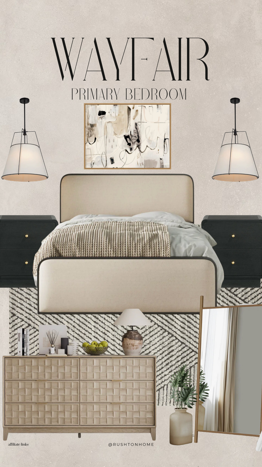Wayfair Primary Bedroom, Wayfair bedroom finds, primary bedroom inspiration, neutral bedroom decor, upholstered bed frame, black nightstands, bedroom lighting ideas, woven dresser, organic modern bedroom, bedroom makeover, neutral home aesthetic, affordable bedroom furniture, modern bedroom design, area rug inspiration, statement bedroom lighting, bedroom wall art, cozy bedroom decor, designer bedroom look, Wayfair furniture, luxury for less, bedroom styling ideas 

 #LTKHome