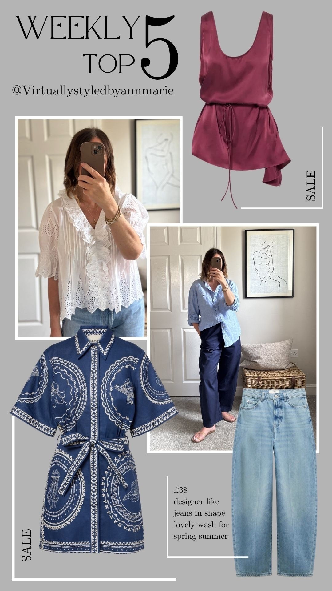 This week top 5 
1. White eyelet blouse
2. Navy Cotton Barrels 
3. Barrel Crease Front Jeans
4. Navy patterned resort dress 
5. Wine silk cami top

#LTKsummer