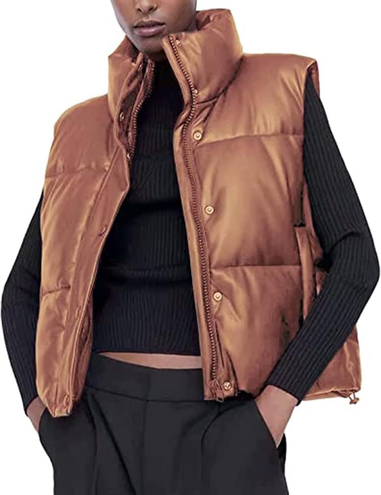 Kissonic Womens PU Leather Cropped Puffer Vest Stand Collar Faux Leather Zip Up Sleeveless Jacket... | Amazon (US)